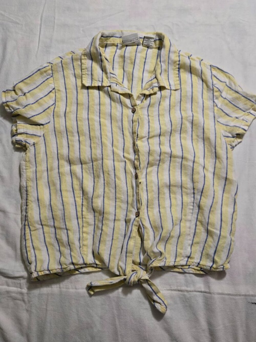 Rachel Zoe 100% Linen Yellow Blue Striped Tie Front Button Down Shirt S